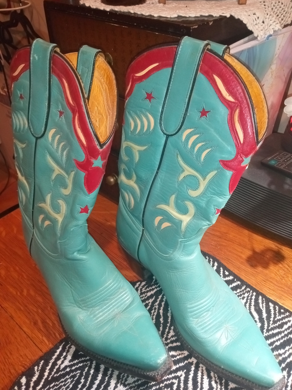 Turquoise Western Cowgirl Boots with Red Accents
